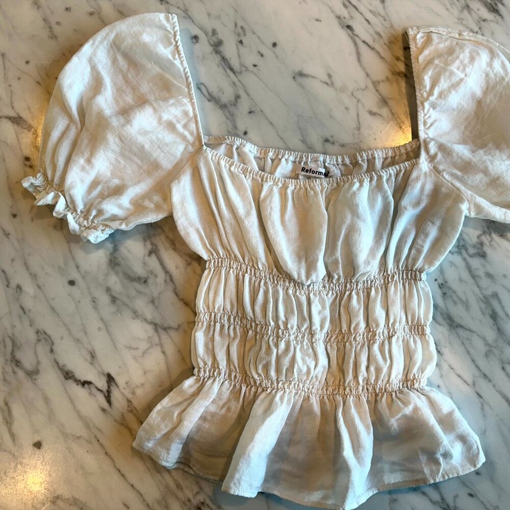 Reformation Cream Puff Sleeve Smocked Peplum Top